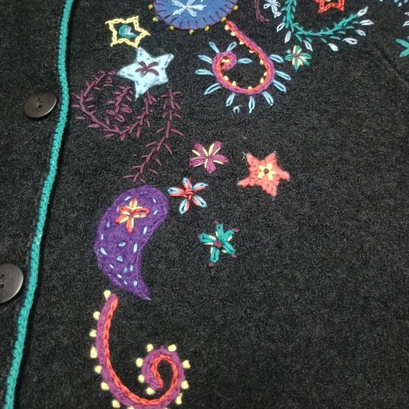 Norm Thompson 100% Wool Black Sweater Cardigan Jacket Embroidery Paisley Small - Picture 2 of 7